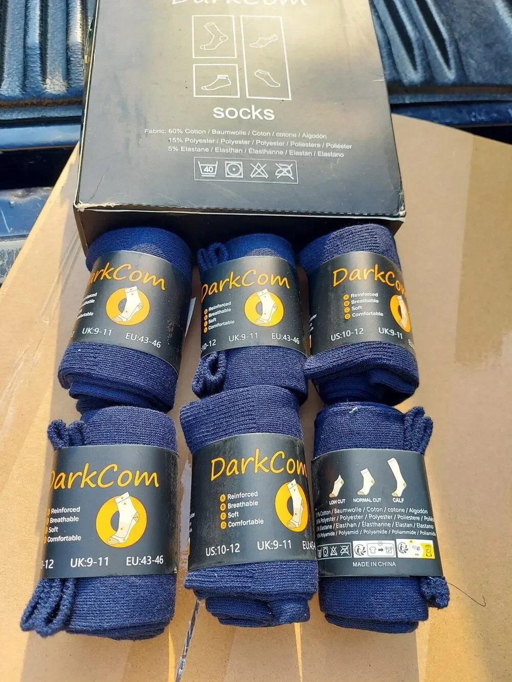 DarkCom Mens Socks US 10-12 Navy Blue Reinforced Breathable 6 Pair Cotton